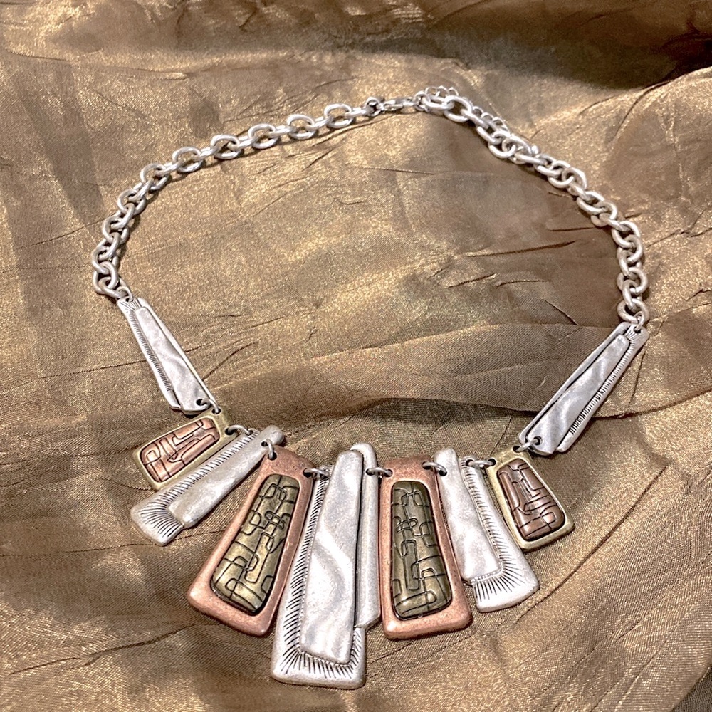 Premier Designs Artsy Brutilist Necklace in Silver, Copper, and Bronze.